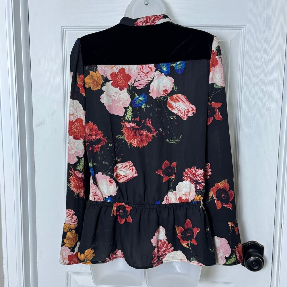 Worthington Floral Peplum Blouse Tie Neck Velvet Yoke Long Sleeve Work Top - Picture 2 of 11